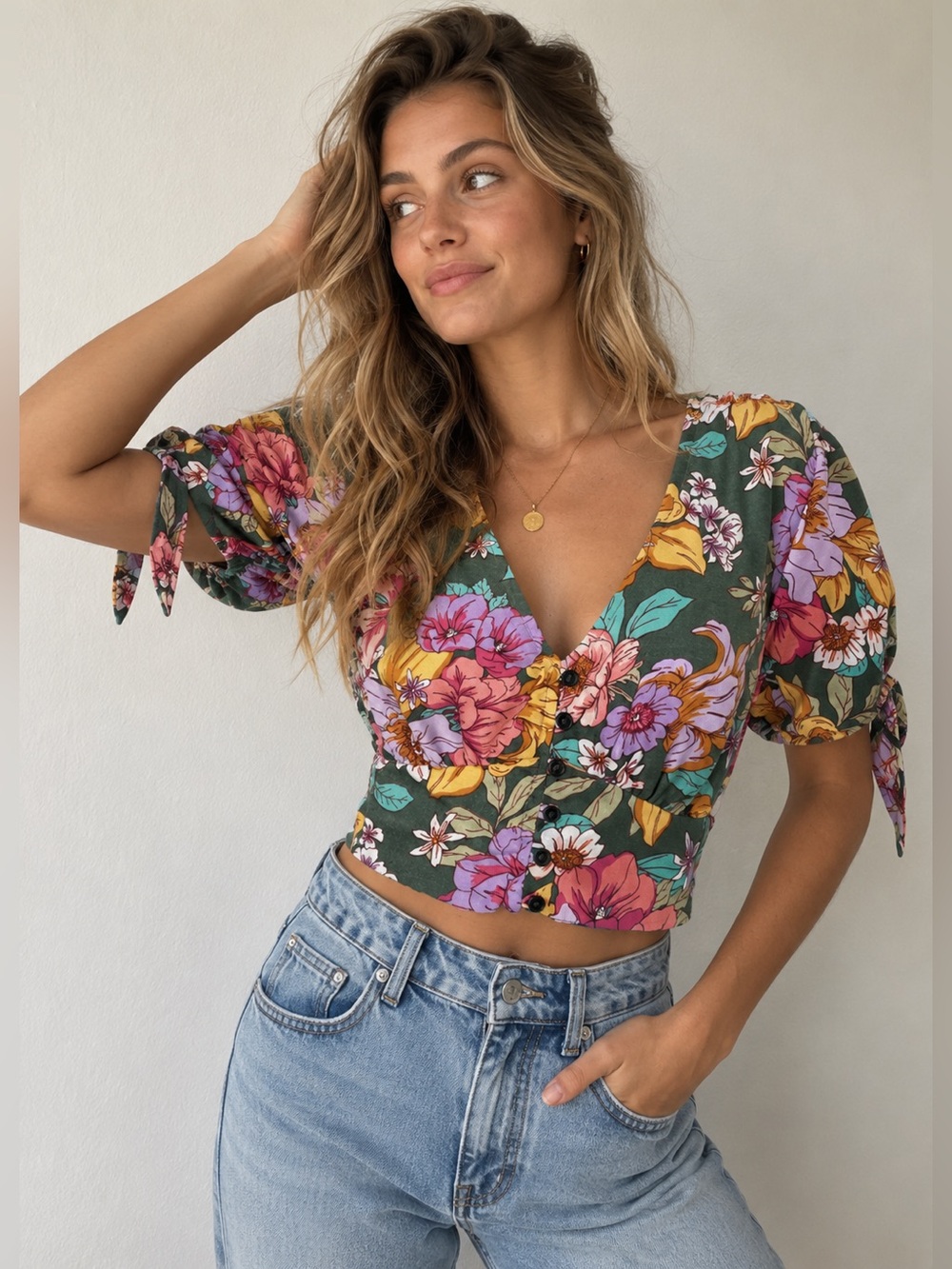 BOG Collective Floral Puff Sleeve Crop Top Boho Cottagecore - Medium